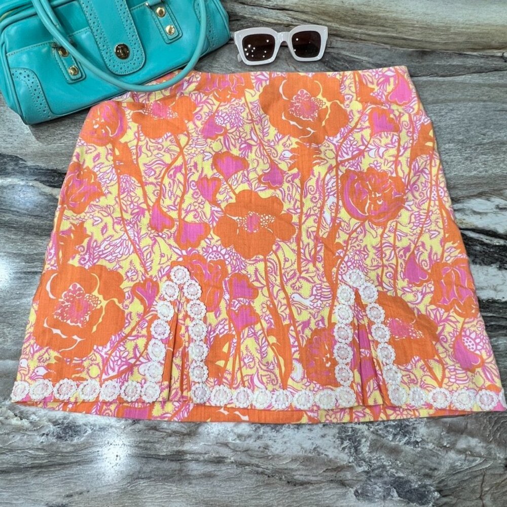 White Label Vintage Lilly Poppy & Swans Pink Orange & Yellow Skirt